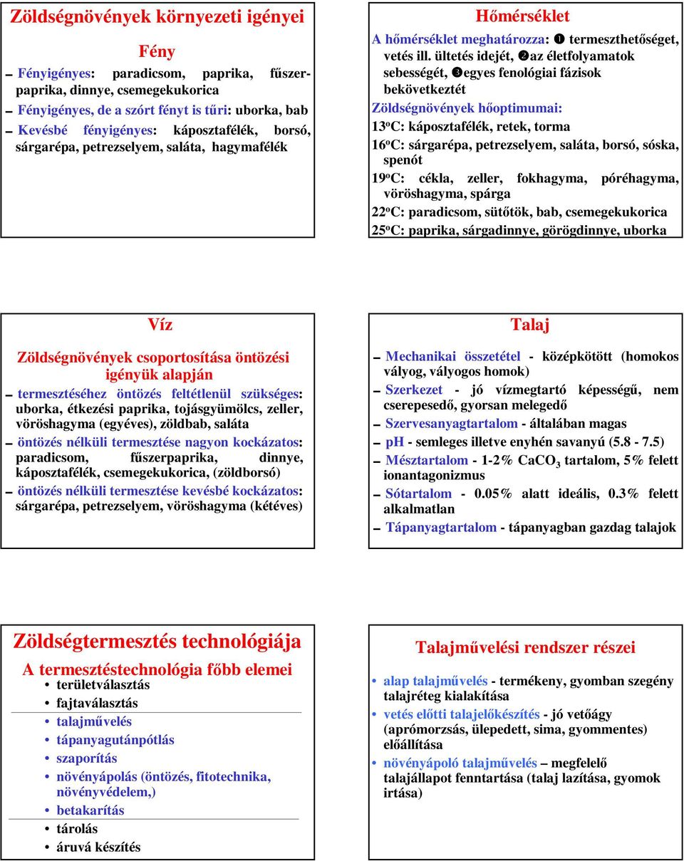 ültetés idejét, ❷az életfolyamatok sebességét, ❸egyes fenológiai fázisok bekövetkeztét Zöldségnövények hőoptimumai: 13 o C: káposztafélék, retek, torma 16 o C: sárgarépa, petrezselyem, saláta, borsó,