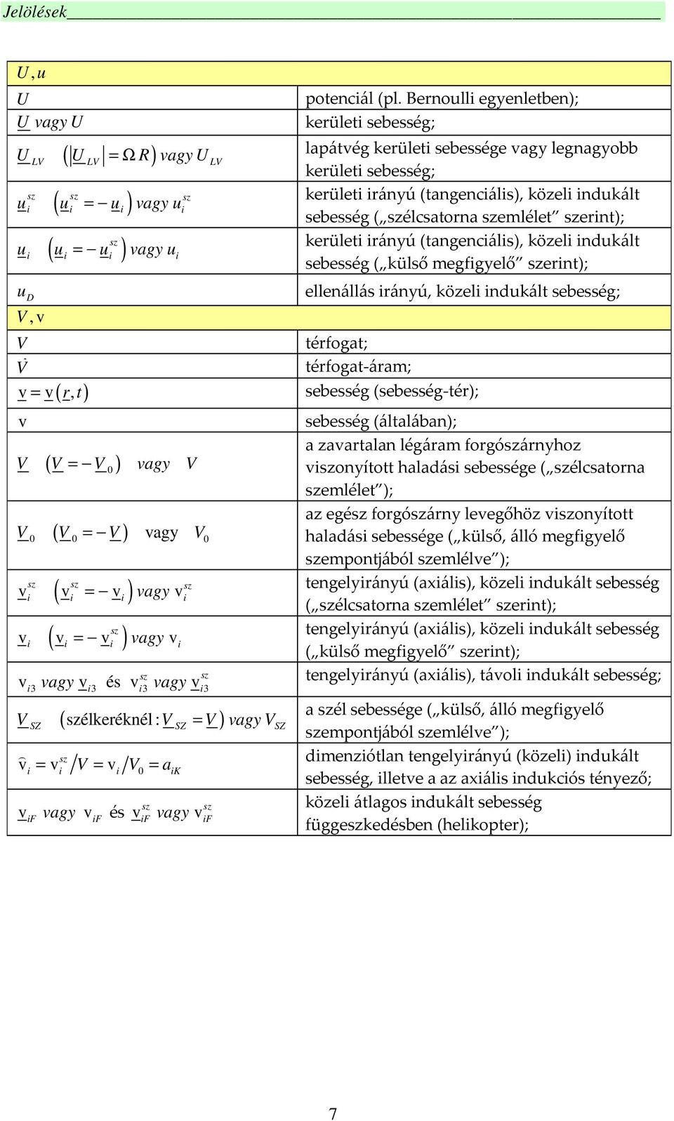 kerületi irányú (tangenciális), közeli indukált sebesség ( külső megfigyelő szerint); ellenállás irányú, közeli indukált sebesség; V térfogat; V ɺ térfogat-áram; v = v r, t sebesség (sebesség-tér); v