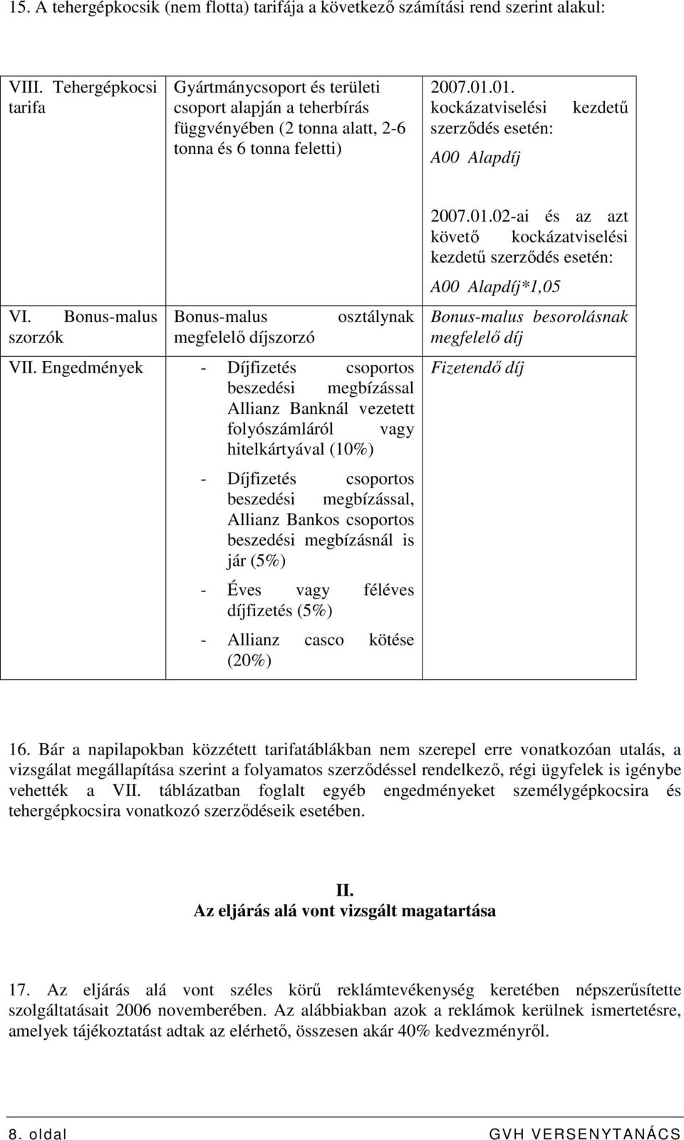 01. kockázatviselési szerzıdés esetén: A00 Alapdíj kezdető VI. Bonus-malus szorzók Bonus-malus megfelelı díjszorzó osztálynak VII.