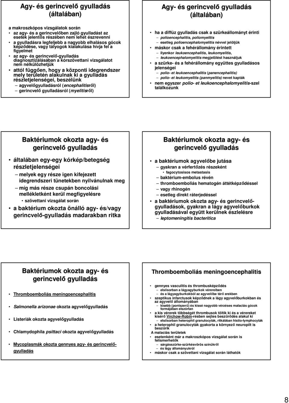 alakulnak ki a részletjelenségei, beszélünk agyvelıról (encephalitisrıl) gerincvelı ról (myelitisrıl) Agy- és s gerincvelı ha a diffúz csak a szürkeállományt érinti polioencephalitis, poliomyelitis