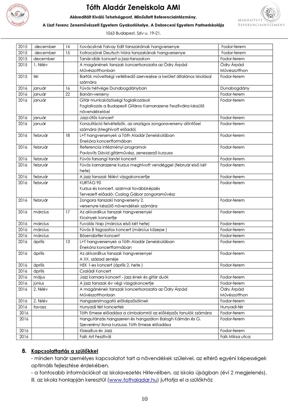 félév A magánének tanszak koncertsorozata az Ódry Árpád Művészotthonban 2015 tél Bartók műveltségi vetélkedő szervezése a kerület általános iskolásai számára Ódry Árpád Művészotthon 2016 január 16