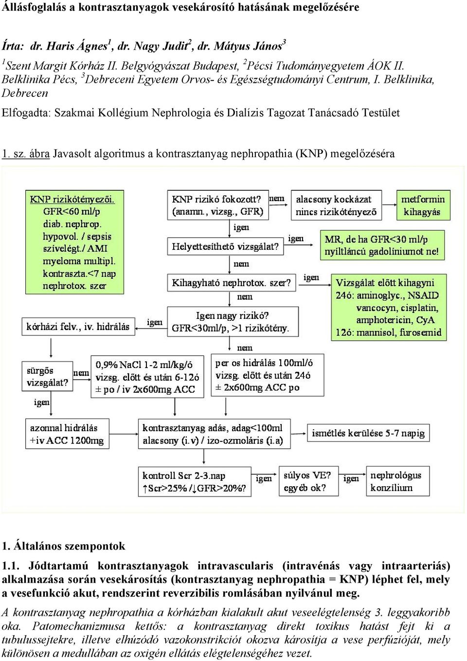 Belklinika, Debrecen Elfogadta: Szakmai Kollégium Nephrologia és Dialízis Tagozat Tanácsadó Testület 1. sz. ábra Javasolt algoritmus a kontrasztanyag nephropathia (KNP) megelőzéséra 1.