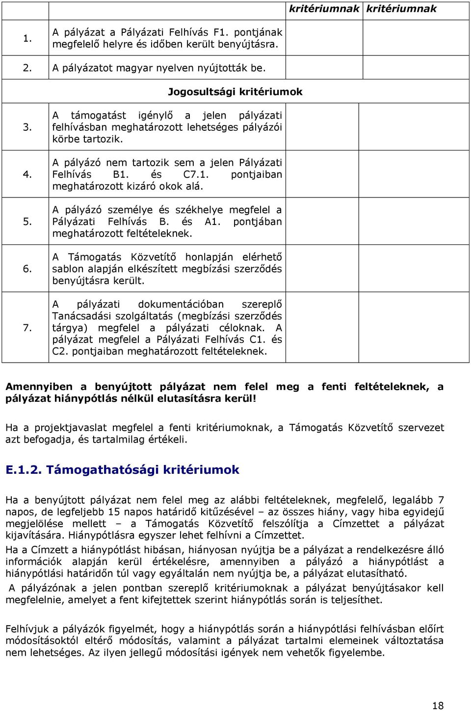 és C7.1. pontjaiban meghatározott kizáró okok alá. A pályázó személye és székhelye megfelel a Pályázati Felhívás B. és A1. pontjában meghatározott feltételeknek.