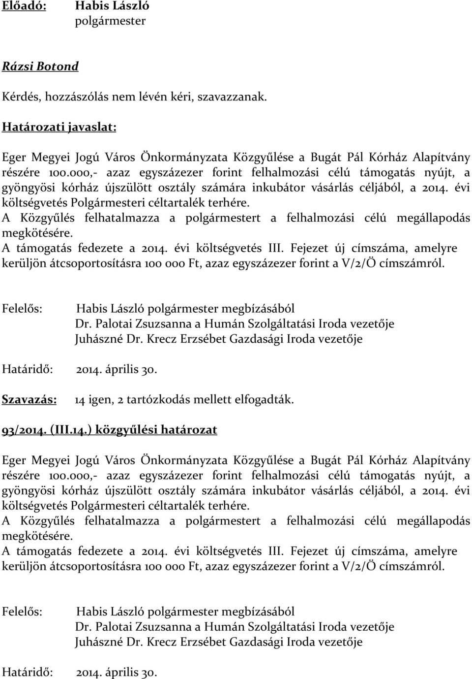 A Közgyűlés felhatalmazza a polgármestert a felhalmozási célú megállapodás megkötésére. A támogatás fedezete a 2014. évi költségvetés III.