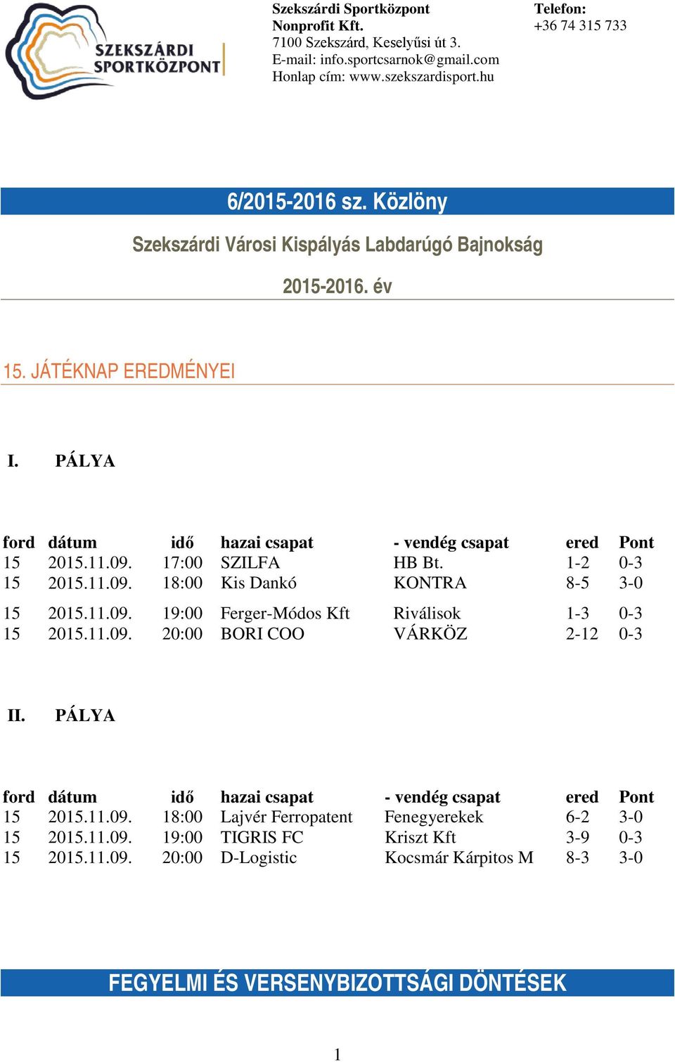 .09. 20:00 BORI COO VÁRKÖZ 2-2 0-3 II. PÁLYA ford dátum idő hazai csapat - vendég csapat ered Pont 5 205..09. 8:00 Lajvér Ferropatent Fenegyerekek 6-2 3-0 5 205.