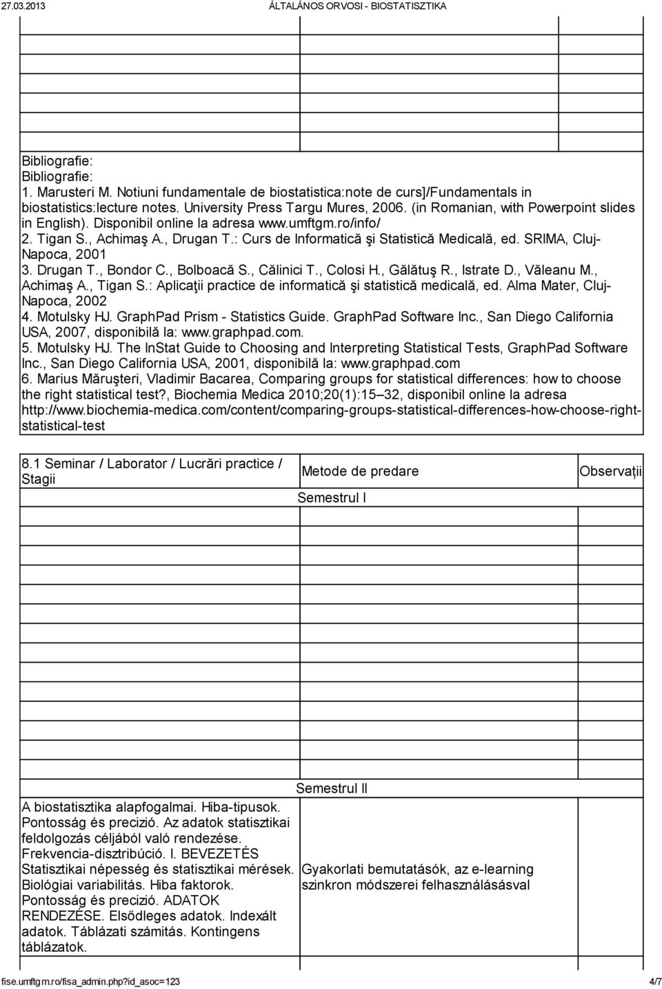 : Curs de Informatică şi Statistică Medicală, ed. SRIMA, Cluj- Napoca, 2001 3. Drugan T., Bondor C., Bolboacă S., Călinici T., Colosi H., Gălătuş R., Istrate D., Văleanu M., Achimaş A., Tigan S.