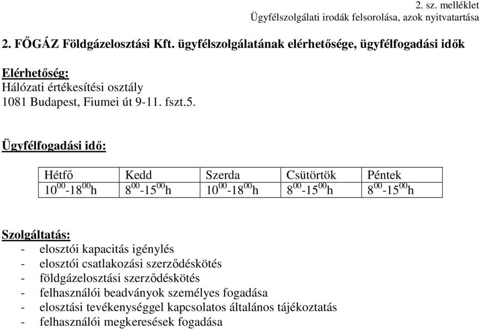 Ügyfélfogadási idő: Hétfő Kedd Szerda Csütörtök Péntek 10 00-18 00 h 8 00-15 00 h 10 00-18 00 h 8 00-15 00 h 8 00-15 00 h Szolgáltatás: - elosztói