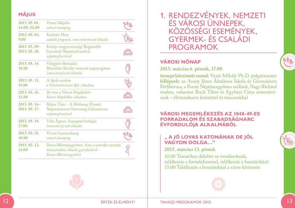 00 Városi Majális városi ünnepség Születés Hete családi program, ismeretterjesztő előadás Közép-magyarországi Regionális Gyermek Néptáncfesztivál néptáncfesztivál Világjáró Battaiak: Marokkó-Királyi