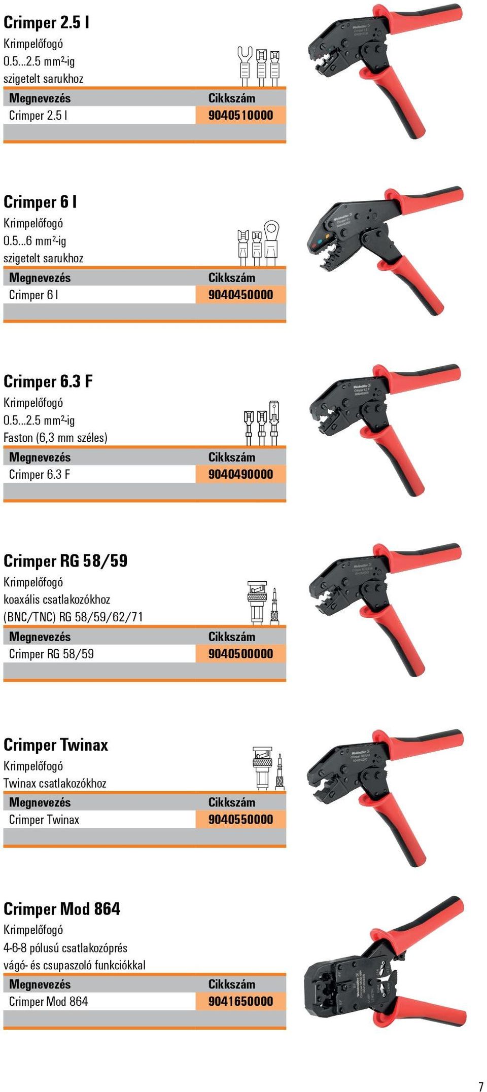 3 F 9040490000 Crimper RG 58/59 koaxális csatlakozókhoz (BNC/TNC) RG 58/59/62/71 Crimper RG 58/59 9040500000 Crimper