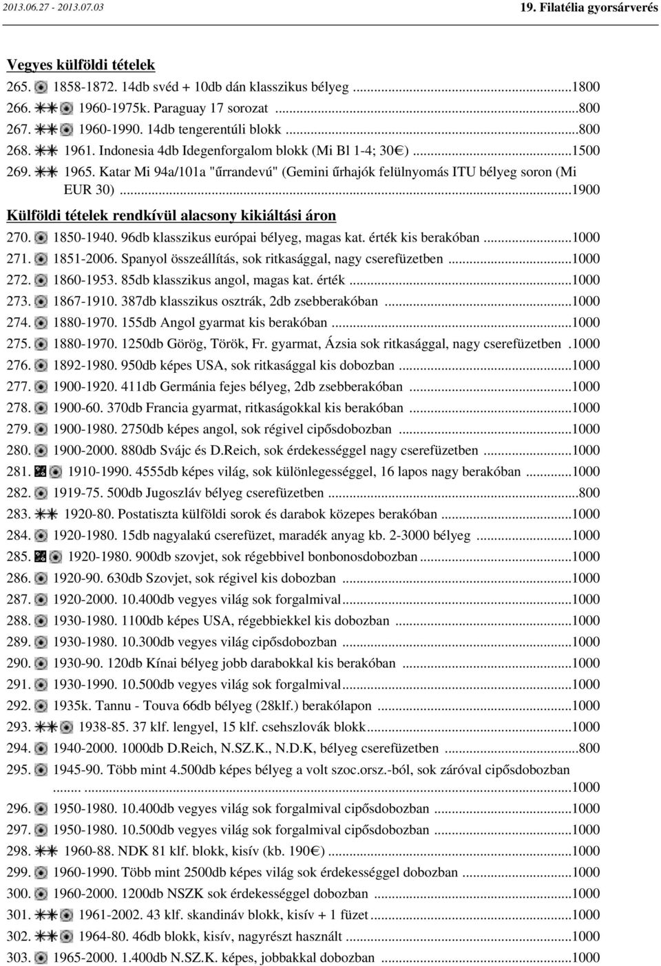 ..1900 Külföldi tételek rendkívül alacsony kikiáltási áron 270. 1850-1940. 96db klasszikus európai bélyeg, magas kat. érték kis berakóban...1000 271. 1851-2006.