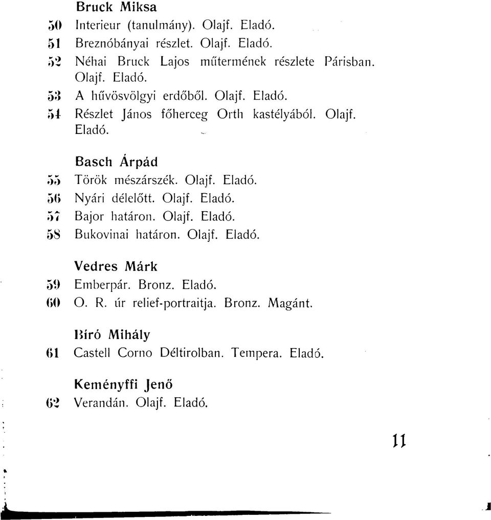 Olajf. Eladó. 56 Nyári délelőtt. Olajf. Eladó. 57 Bajor határon. Olajf. Eladó. 58 Bukovinai határon. Olajf. Eladó. Vedres Márk 59 Emberpár. Bronz.