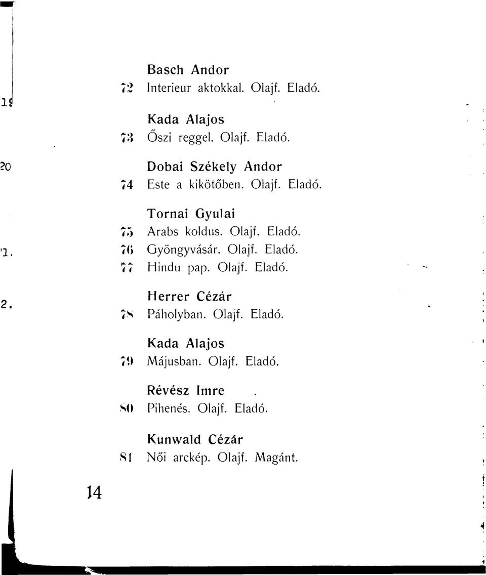 Olajf. Eladó. Herrer Cézár 78 Páholyban. Olajf. Eladó. Kada Alajos 79 Májusban. Olajf. Eladó. Révész Imre 80 Pihenés.