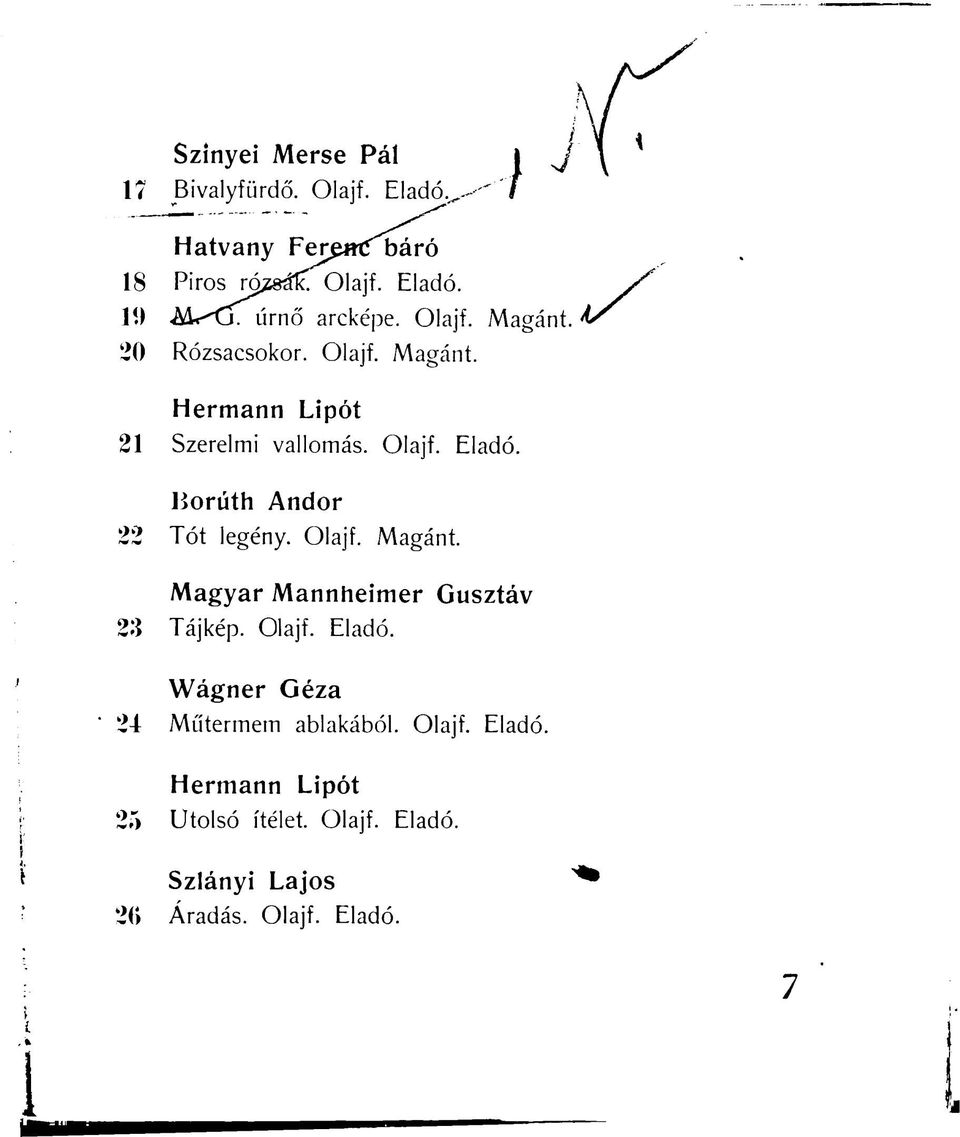 jjorúth Andor 22 Tót legény. Olajf. Magánt. Magyar Mannheimer 23 Tájkép. Olajf. Eladó.