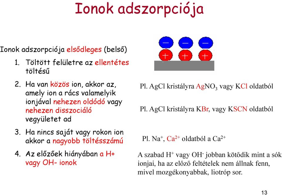 Ha nincs saját vagy rokon ion akkor a nagyobb töltésszámú 4. Az előzőek hiányában a H+ vagy OH- ionok Pl.