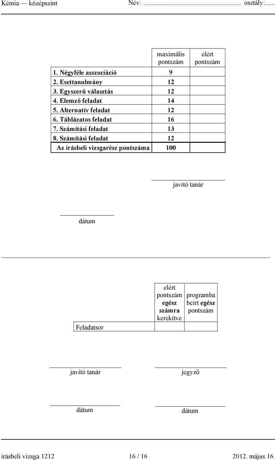 Számítási feladat 12 Az írásbeli vizsgarész pontszáma 100 elért pontszám javító tanár dátum Feladatsor elért
