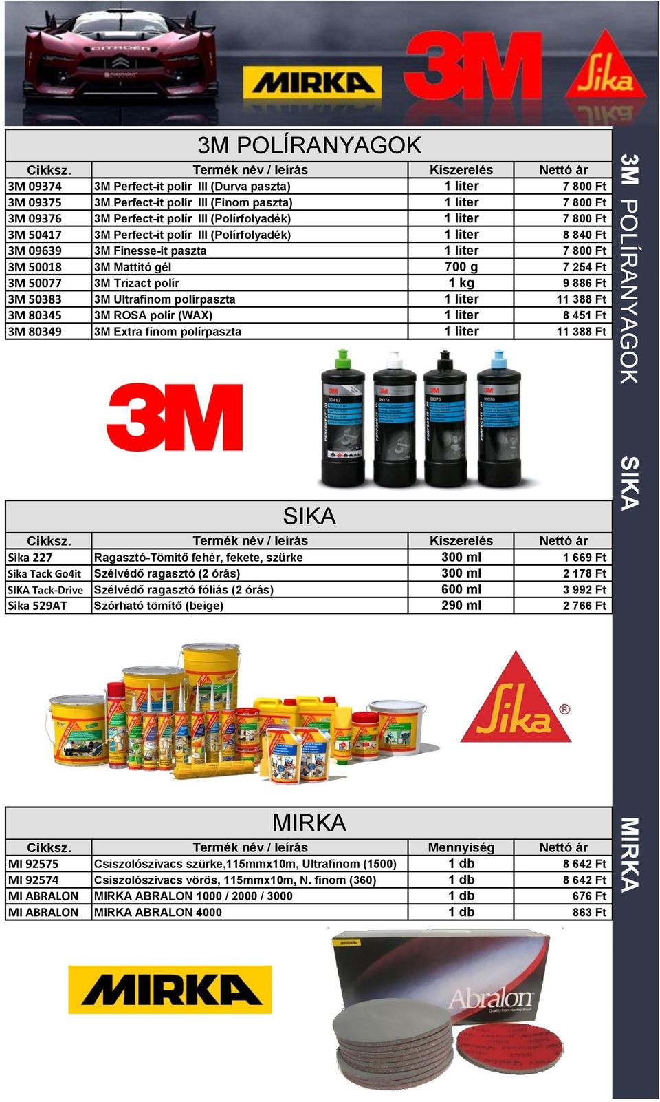 paszta) 3M Perfect-it polír III (Polírfolyadék) 3M Perfect-it polír III (Polírfolyadék) 3M Finesse-it paszta 3M Mattitó gél 3M Trizact polír 3M Ultrafinom polírpaszta 3M ROSA polír (WAX) 3M Extra