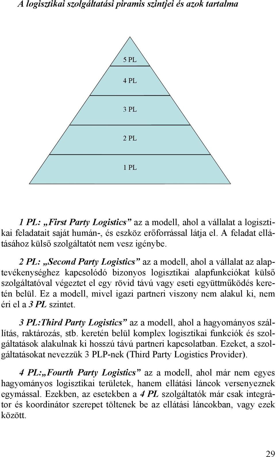 2 PL: Second Party Logistics az a modell, ahol a vállalat az alaptevékenységhez kapcsolódó bizonyos logisztikai alapfunkciókat külső szolgáltatóval végeztet el egy rövid távú vagy eseti együttműködés