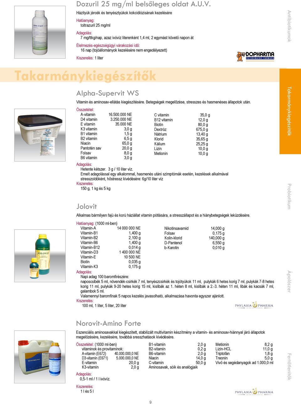 (tojóállományok kezelésére nem engedélyezett) 1 liter Takarmánykiegészítők Alpha-Supervit WS Vitamin és aminosav-ellátás kiegészítésére. Betegségek megelõzése, stresszes és hasmenéses állapotok után.