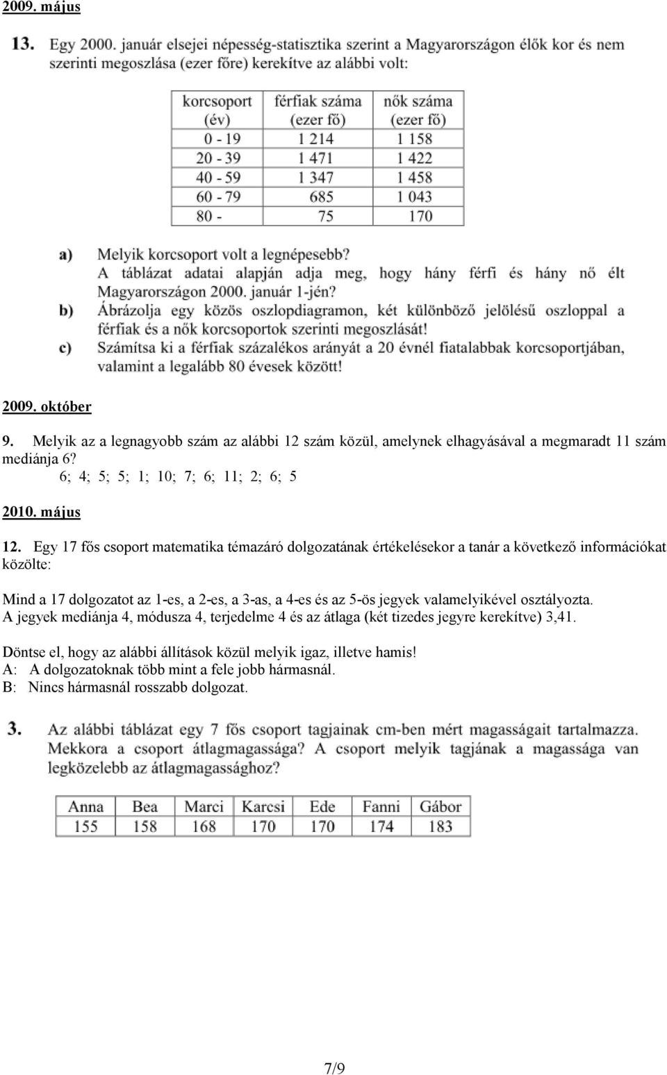 Egy 17 fős csoport matematika témazáró dolgozatának értékelésekor a tanár a következő információkat közölte: Mind a 17 dolgozatot az 1-es, a 2-es, a 3-as, a 4-es