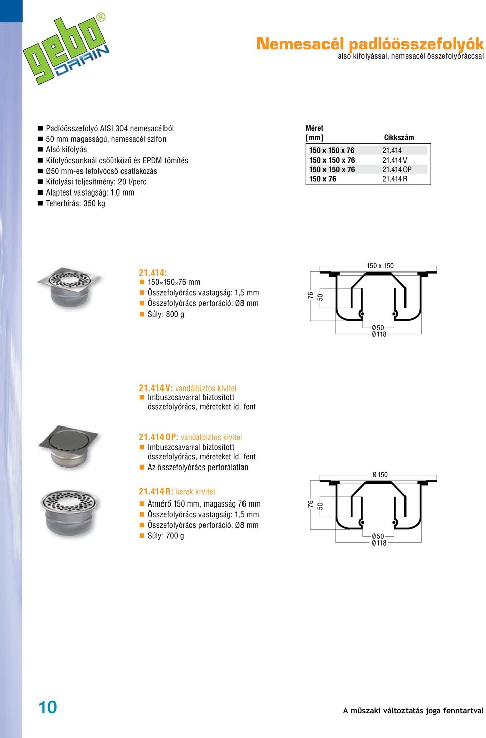 414: 1 1 76 mm Összefolyórács vastagság: 1,5 mm Összefolyórács perforáció: Ø8 mm Súly: 800 g 76 1 x 1 Ø Ø 118 21.414 V: vandálbiztos kivitel Imbuszcsavarral biztosított összefolyórács, méreteket ld.