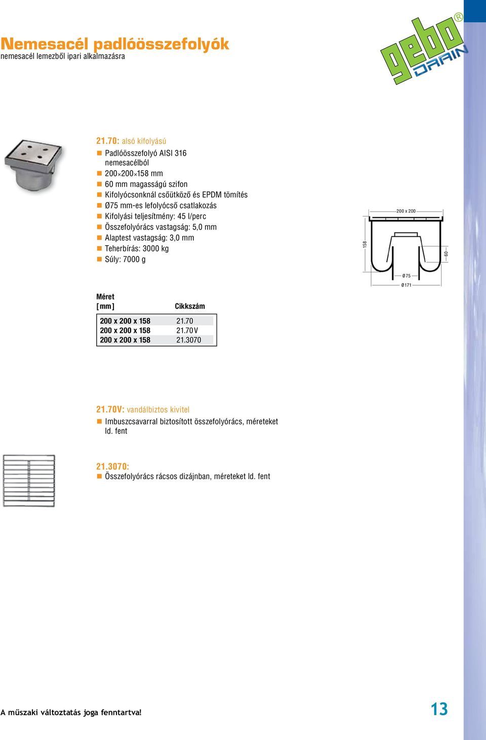 csatlakozás Kifolyási teljesítmény: 45 l/perc Összefolyórács vastagság: 5,0 mm Alaptest vastagság: 3,0 mm Teherbírás: 3000 kg Súly: 7000 g 158 200 x 200 60 Ø 75 Ø