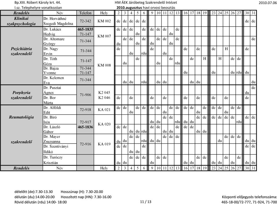 Kelemen Éva 71-344 r Dr. Pusztai de Porphyria Ágnes K2 045 71-906 szakrendelő Dr. Bor K2 046 de de de de de de de de de Márta Dr.
