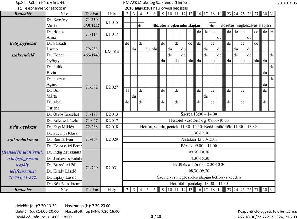 Bor H de de de de de de de de Márta Dr. Ábel de de de de de de de de de Tatjána Dr. Ötvös Erzsébet 71-188188 K2 013 Szerda 13:00 14:00 Dr. Rókusz László 71-067 K2 017 Hétfőtől - csütörtökig 09.00-10.
