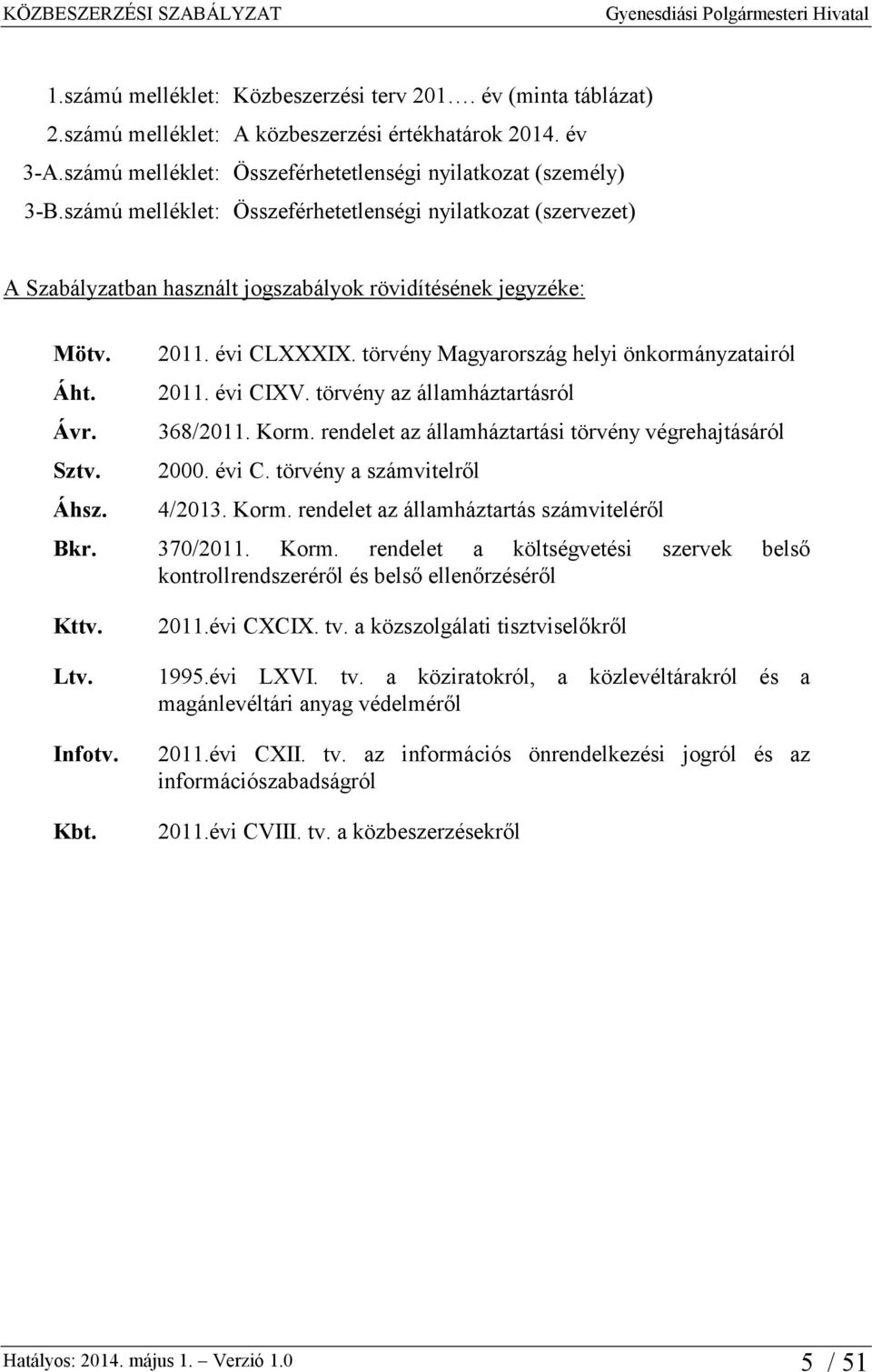 törvény Magyarország helyi önkormányzatairól 2011. évi CIXV. törvény az államháztartásról 368/2011. Korm. rendelet az államháztartási törvény végrehajtásáról 2000. évi C. törvény a számvitelről 4/2013.