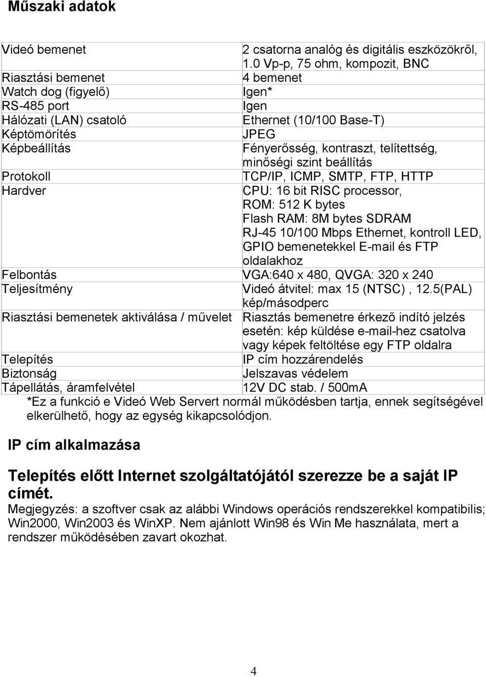 kontraszt, telítettség, minőségi szint beállítás Protokoll TCP/IP, ICMP, SMTP, FTP, HTTP Hardver CPU: 16 bit RISC processor, ROM: 512 K bytes Flash RAM: 8M bytes SDRAM RJ-45 10/100 Mbps Ethernet,