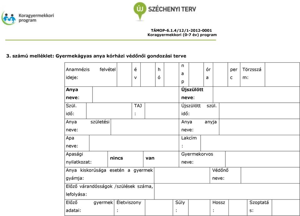 Anya Újszülött neve: neve: Szül. TAJ Újszülött szül.