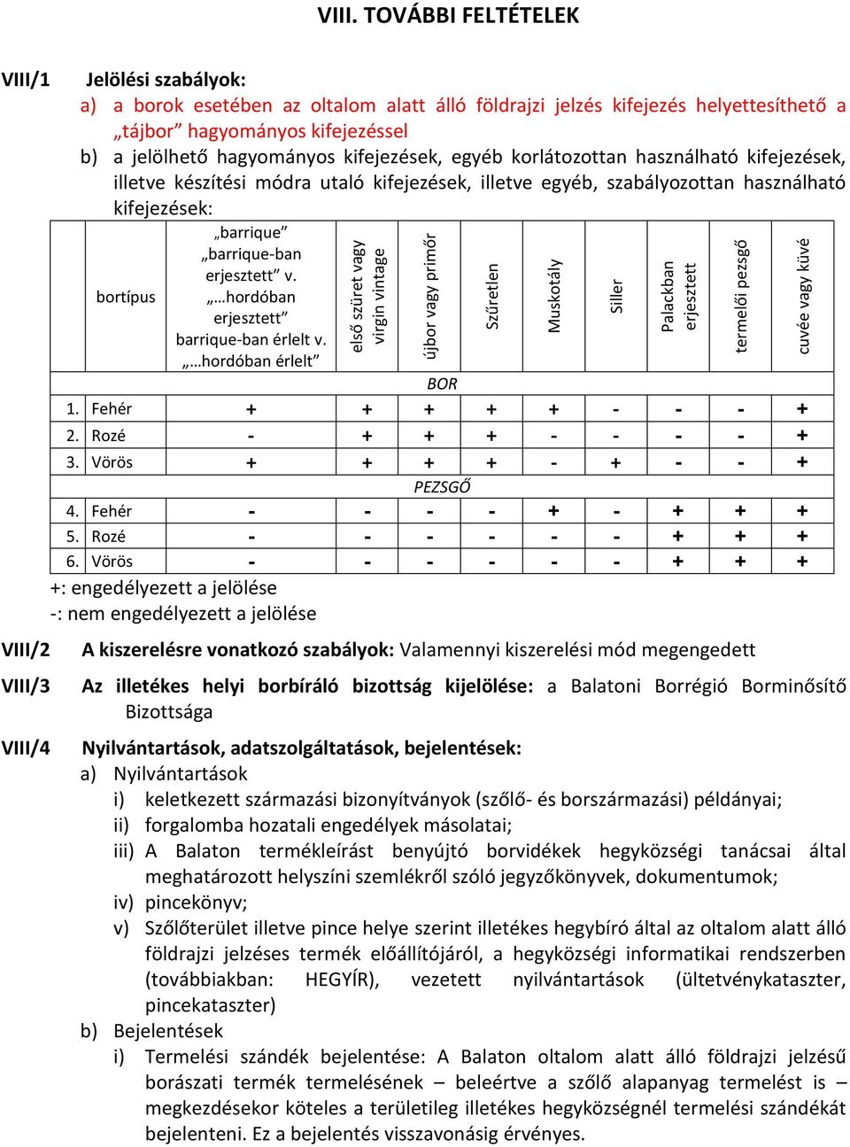 jelölhető hagyományos kifejezések, egyéb korlátozottan használható kifejezések, illetve készítési módra utaló kifejezések, illetve egyéb, szabályozottan használható kifejezések: bortípus barrique