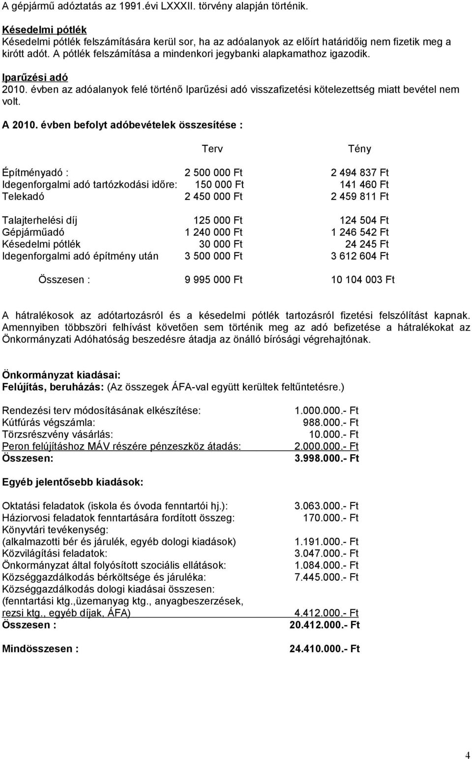 évben befolyt adóbevételek összesítése : Terv Tény Építményadó : 2 500 000 Ft 2 494 837 Ft Idegenforgalmi adó tartózkodási időre: 150 000 Ft 141 460 Ft Telekadó 2 450 000 Ft 2 459 811 Ft