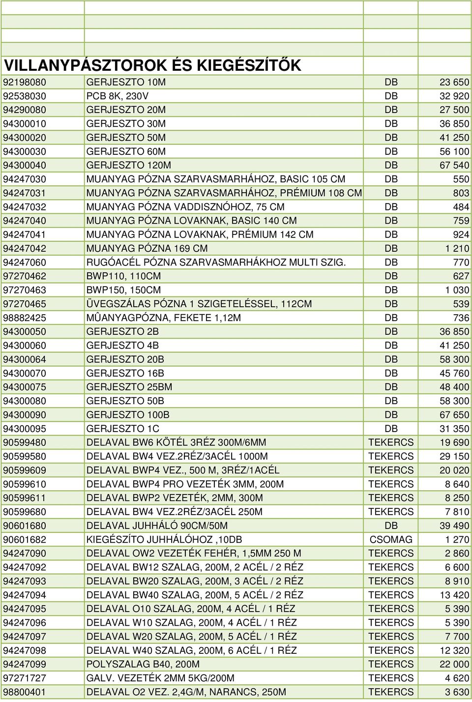 MUANYAG PÓZNA VADDISZNÓHOZ, 75 CM DB 484 94247040 MUANYAG PÓZNA LOVAKNAK, BASIC 140 CM DB 759 94247041 MUANYAG PÓZNA LOVAKNAK, PRÉMIUM 142 CM DB 924 94247042 MUANYAG PÓZNA 169 CM DB 1 210 94247060