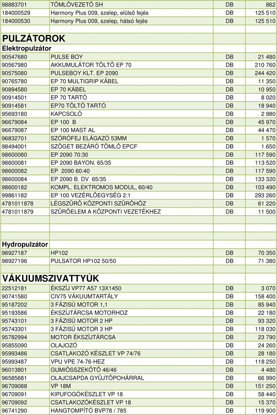 EP 2090 DB 244 420 90765780 EP 70 MULTIGRIP KÁBEL DB 11 350 90894580 EP 70 KÁBEL DB 10 950 90914501 EP 70 TARTÓ DB 8 020 90914581 EP70 TÖLTÕ TARTÓ DB 18 940 95693180 KAPCSOLÓ DB 2 980 96679084 EP 100