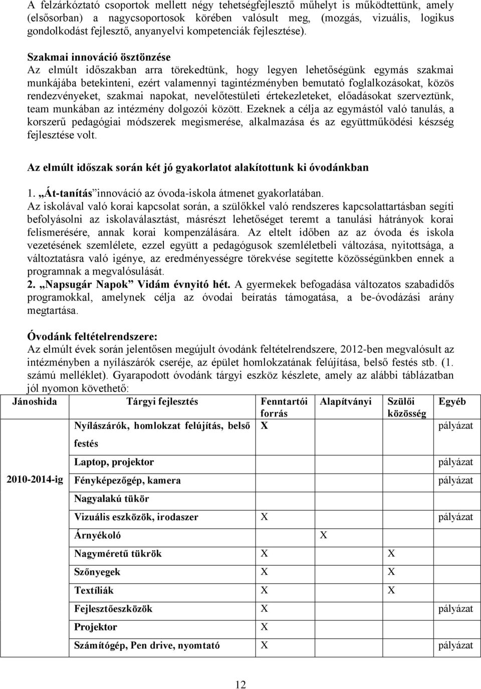 Szakmai innováció ösztönzése Az elmúlt időszakban arra törekedtünk, hogy legyen lehetőségünk egymás szakmai munkájába betekinteni, ezért valamennyi tagintézményben bemutató foglalkozásokat, közös