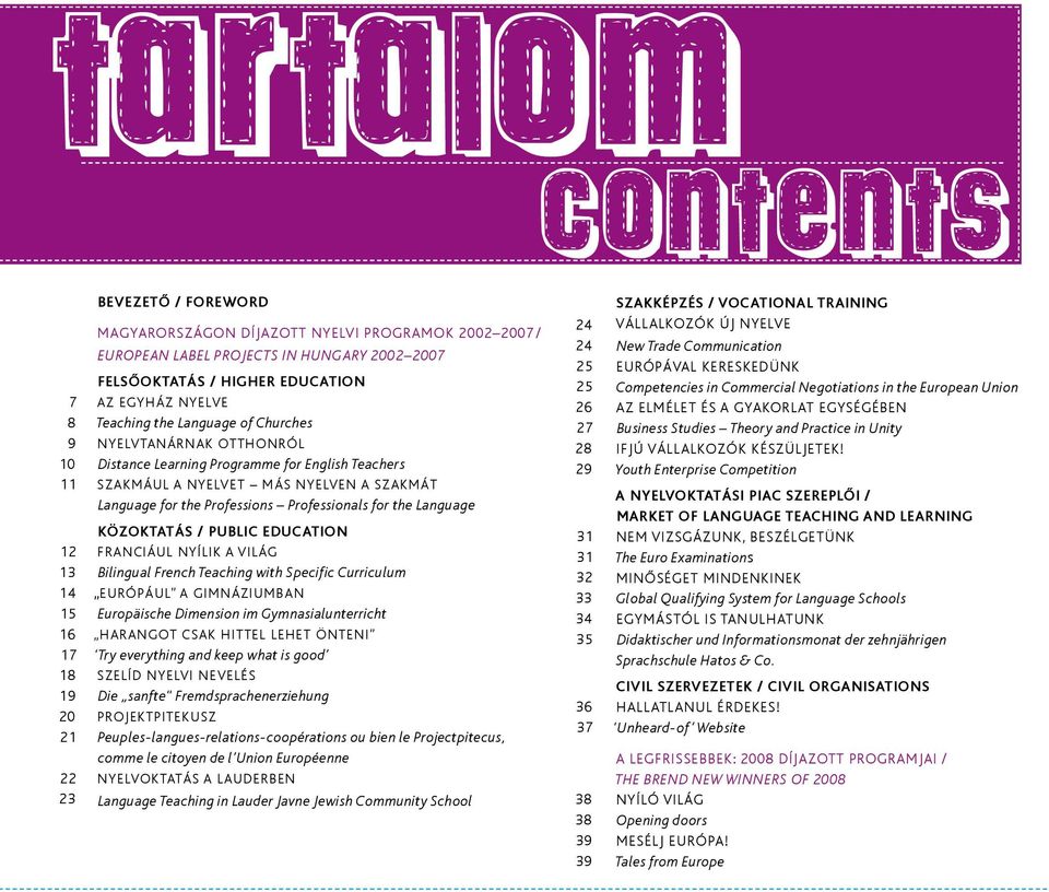 Professionals for the Language KÖZOKTATÁS / PUBLIC EDUCATION FRANCIÁUL NYÍLIK A VILÁG Bilingual French Teaching with Specific Curriculum EURÓPÁUL A GIMNÁZIUMBAN Europäische Dimension im