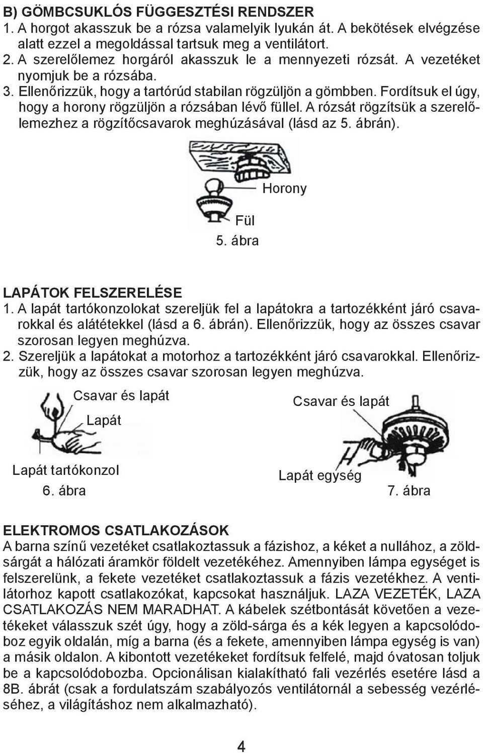 Fordítsuk el úgy, hogy a horony rögzüljön a rózsában lévő füllel. A rózsát rögzítsük a szerelőlemezhez a rögzítőcsavarok meghúzásával (lásd az 5. ábrán). Fül 5. ábra Horony Lapátok felszerelése 1.