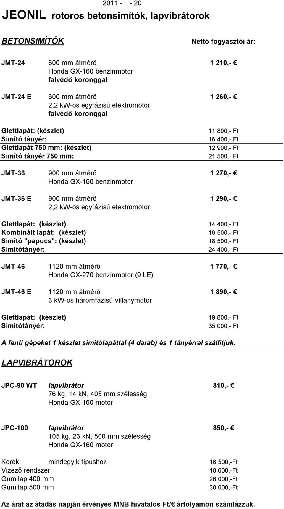 falvédő koronggal Glettlapát: (készlet) Simító tányér: Glettlapát 750 mm: (készlet) Simító tányér 750 mm: 11 800,- Ft 16 400,- Ft 12 900,- Ft 21 500,- Ft JMT-36 900 mm átmérő 1 270,- Honda GX-160