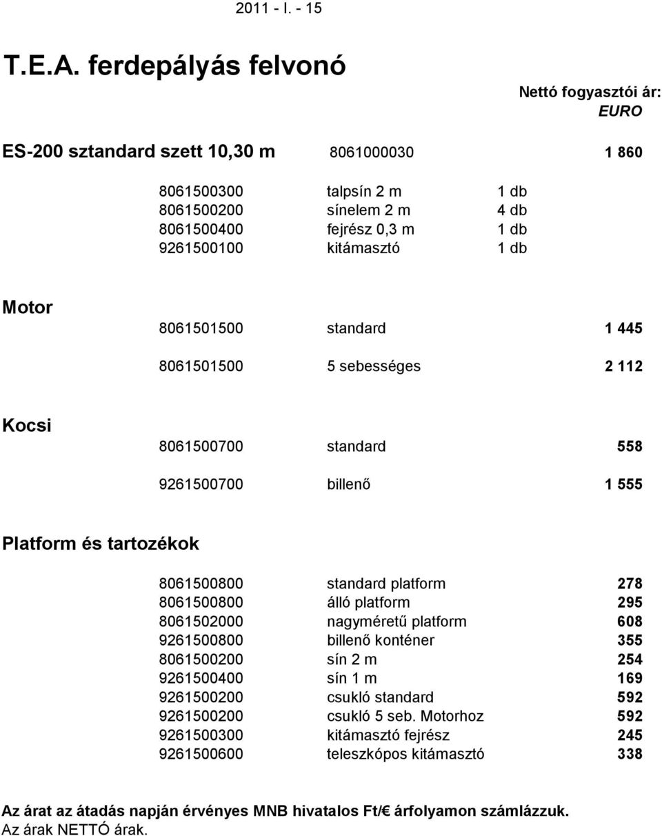 kitámasztó 1 db Motor 8061501500 standard 1 445 8061501500 5 sebességes 2 112 Kocsi 8061500700 standard 558 9261500700 billenő 1 555 Platform és tartozékok 8061500800