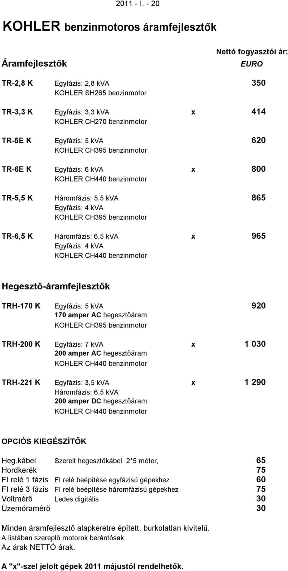 620 KOHLER CH395 benzinmotor TR-6E K Egyfázis: 6 kva x 800 KOHLER CH440 benzinmotor TR-5,5 K Háromfázis: 5,5 kva 865 Egyfázis: 4 kva KOHLER CH395 benzinmotor TR-6,5 K Háromfázis: 6,5 kva x 965