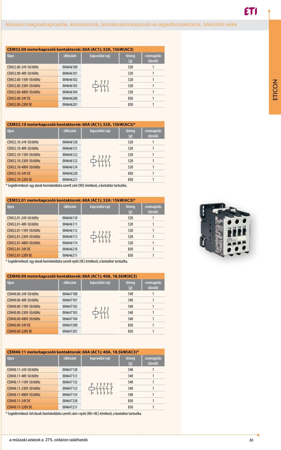 10 motorkapcsoló kontaktorok: 60A (AC1); 32A, 15kW(AC3)* CEM32.10-24V-50/60Hz 004646120 520 1 CEM32.10-48V-50/60Hz 004646121 520 1 CEM32.10-110V-50/60Hz 004646122 520 1 CEM32.