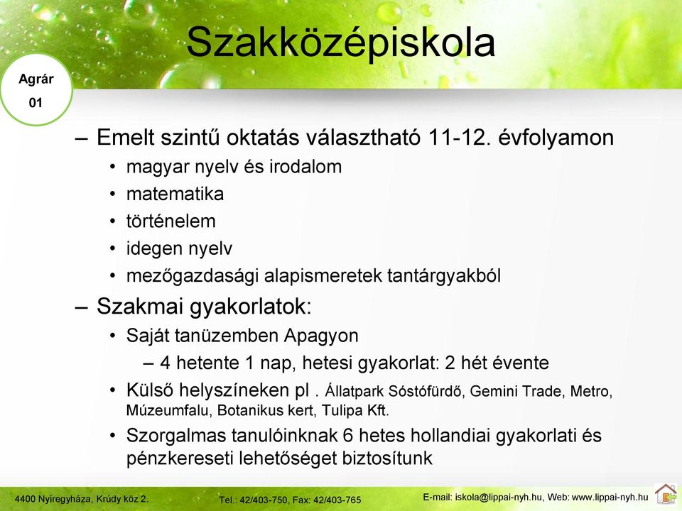 Szakmai gyakorlatok: Saját tanüzemben Apagyon 4 hetente 1 nap, hetesi gyakorlat: 2 hét évente Külső helyszíneken pl.