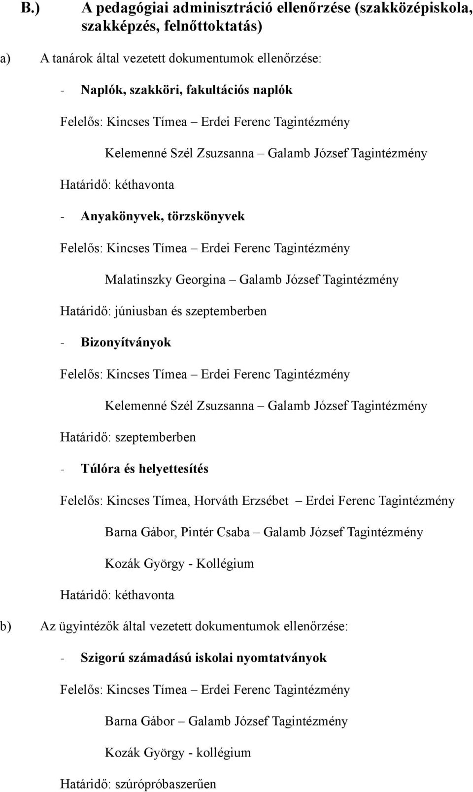 Szél Zsuzsanna Galamb József Tagintézmény Határidő: szeptemberben - Túlóra és helyettesítés Felelős: Kincses Tímea, Horváth Erzsébet Erdei Ferenc Tagintézmény Barna Gábor, Pintér Csaba Galamb József