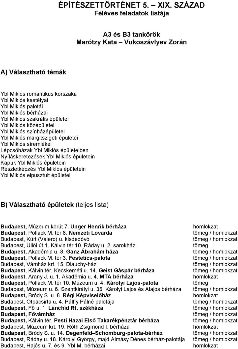 14. Geist Gáspár bérháza Budapest, Arany J. u. 1. Akadémia u. 4. MTA bérháza Budapest, Pollack M. tér 10. Múzeum u. 4. Károlyi Lajos-palota Budapest, Múzeum u. 6. Szentkirályi u. 35.