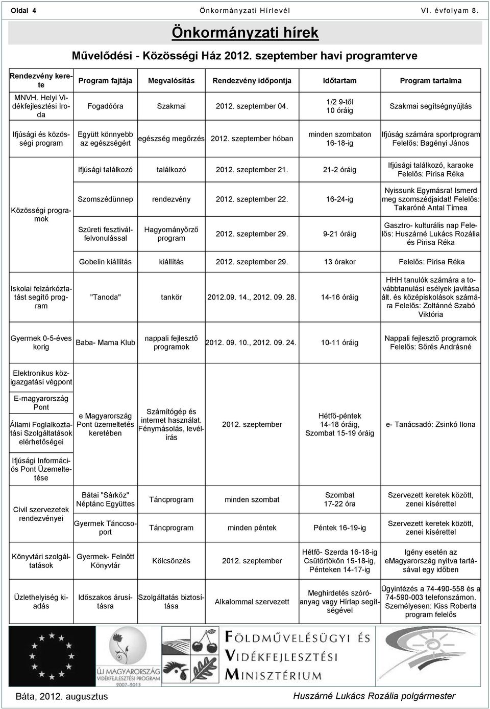 1/2 9-től 10 óráig Szakmai segítségnyújtás Ifjúsági és közösségi program Együtt könnyebb az egészségért egészség megőrzés 2012.