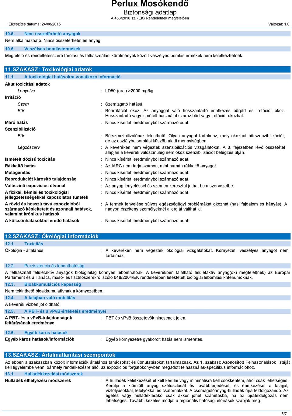 .SZAKASZ: Toxikológiai adatok 11