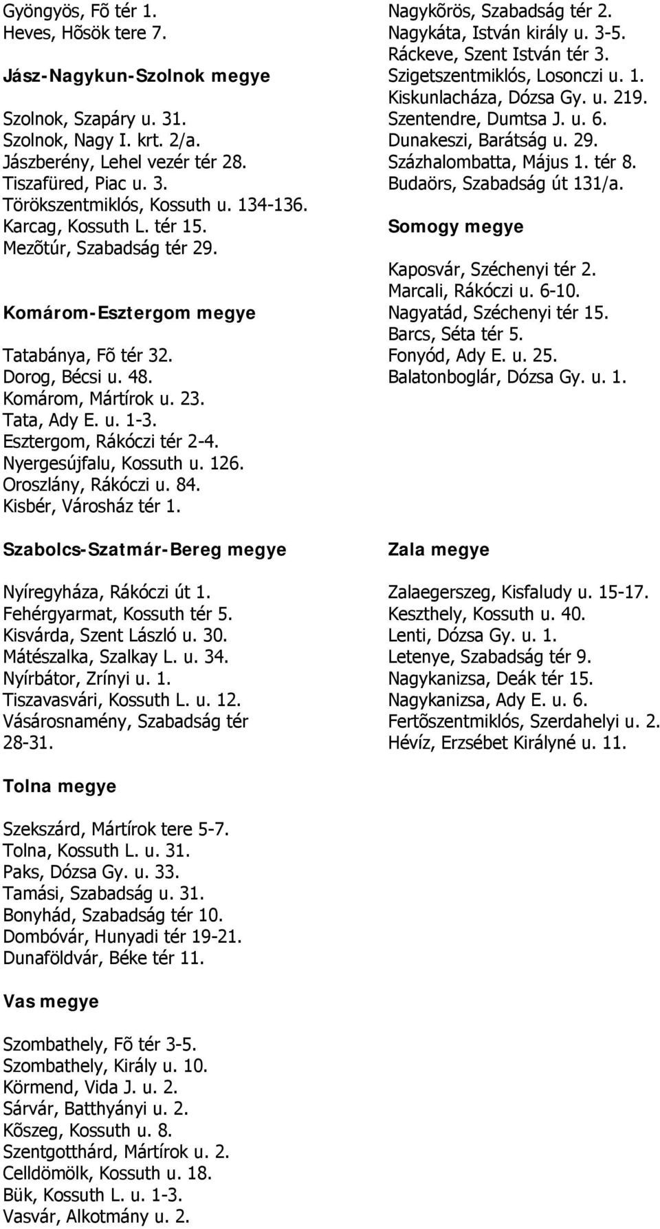 Törökszentmiklós, Kossuth u. 134-136. Karcag, Kossuth L. tér 15. Somogy megye Mezõtúr, Szabadság tér 29. Kaposvár, Széchenyi tér 2. Marcali, Rákóczi u. 6-10.