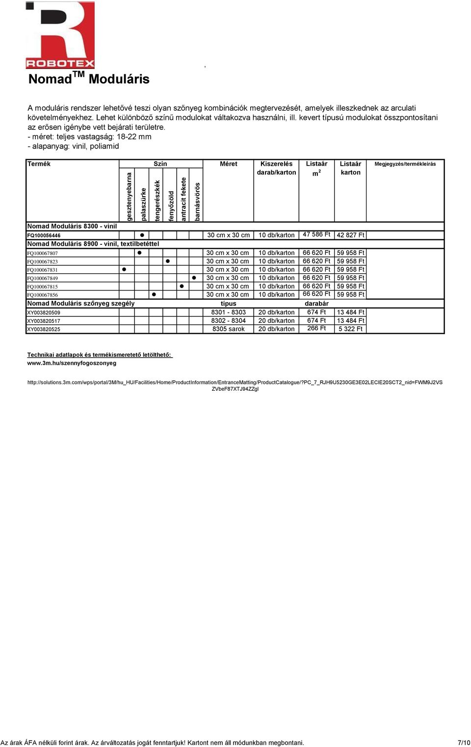 - méret: teljes vastagság: 18-22 mm - alapanyag: vinil, poliamid Termék Szín Méret Kiszerelés Listaár Listaár Megjegyzés/termékleírás darab/karton m 2 karton Nomad Moduláris 8300 - vinil FQ100056446