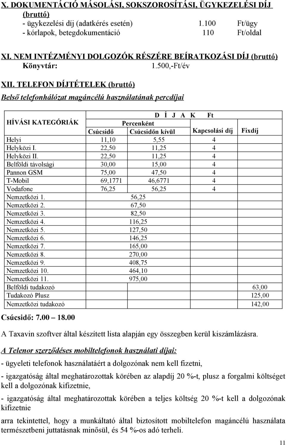 TELEFON DÍJTÉTELEK (bruttó) Belső telefonhálózat magáncélú használatának percdíjai D Í J A K Ft HÍVÁSI KATEGÓRIÁK Percenként Csúcsidő Csúcsidőn kívül Kapcsolási díj Fixdíj Helyi 11,10 5,55 4 Helyközi