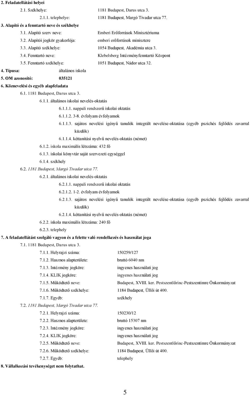 4. Típusa: általános iskola 5. OM azonosító: 035121 6. Köznevelési és egyéb alapfeladata 6.1. 1181 Budapest, Darus utca 3. 6.1.1. általános iskolai nevelés-oktatás 6.1.1.1. nappali rendszerű iskolai oktatás 6.